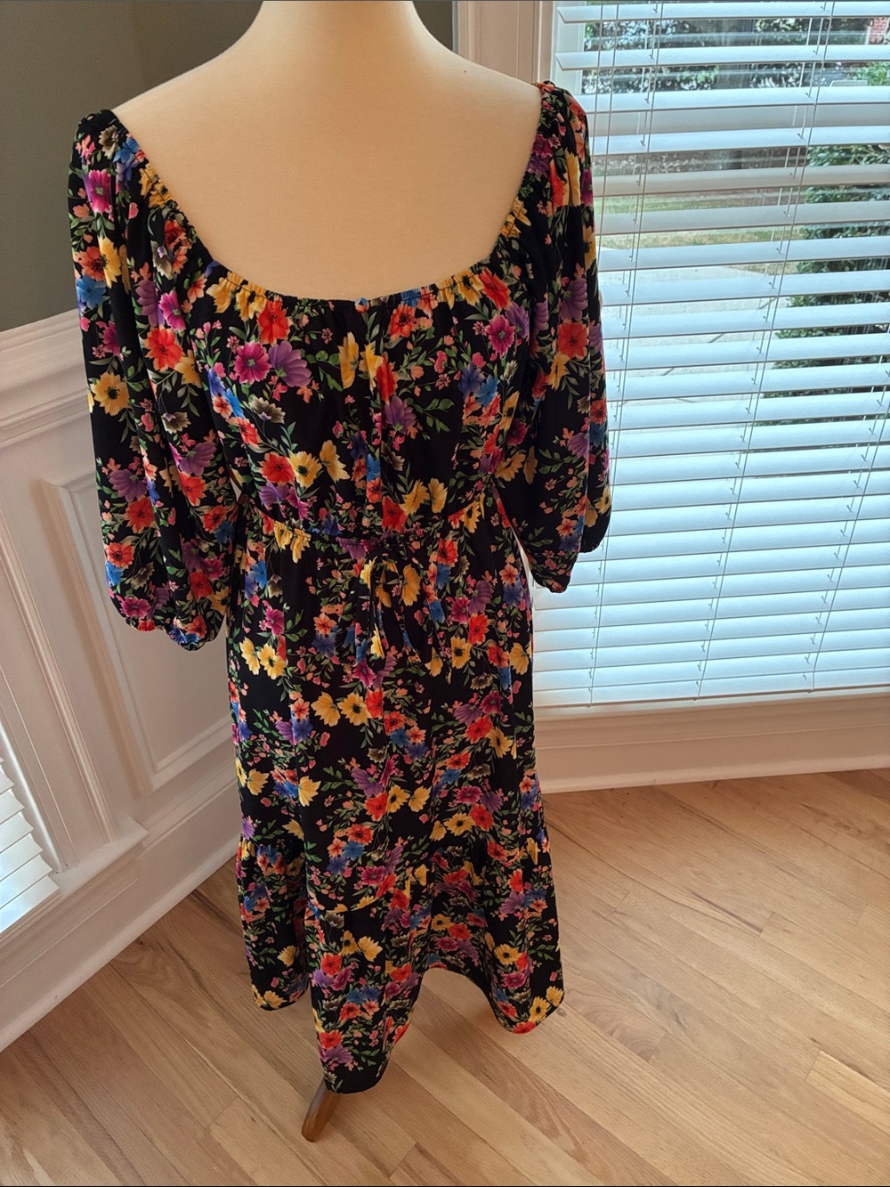 Yumi Kim Black Floral Square-Neck Midi Dress